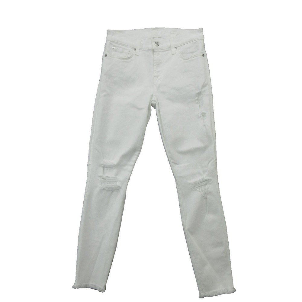7 For All Mankind Jeans Womens 27 White Skinny Distressed Raw Hem Stretch Denim